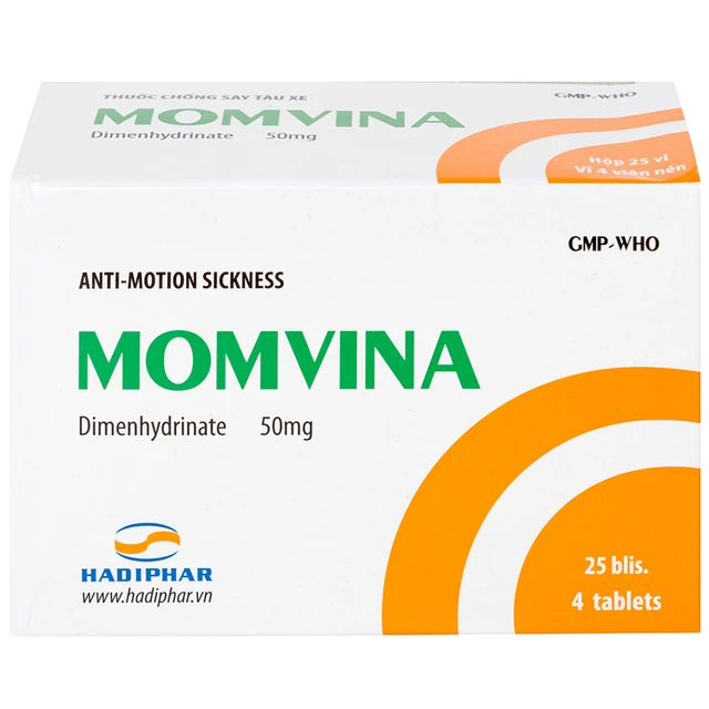 Thuốc chống say tàu xe Momvina Hadiphar điều trị chứng buồn nôn, nôn, chóng mặt (25 vỉ x 4 viên)