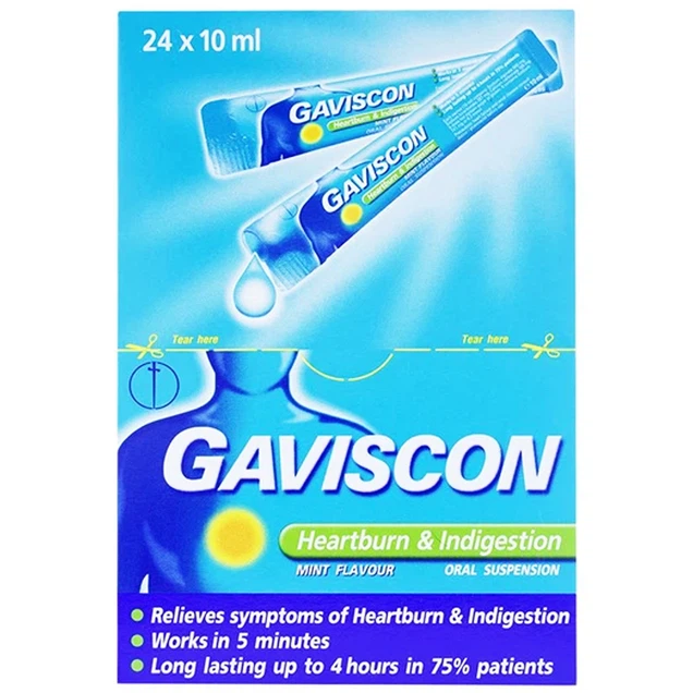 Hỗn dịch uống Gaviscon trị triệu chứng trào ngược dạ dày, thực quản (24 gói x 10ml)