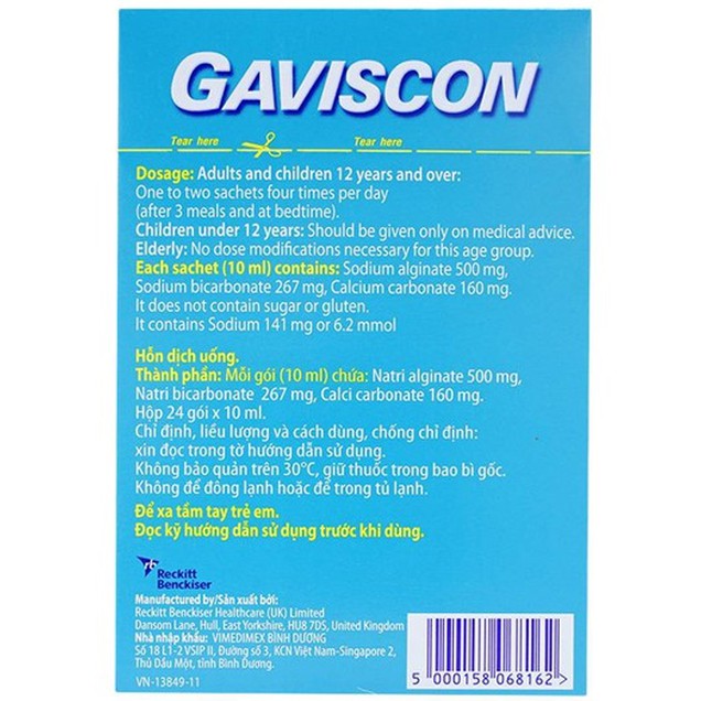 Hỗn dịch uống Gaviscon trị triệu chứng trào ngược dạ dày, thực quản (24 gói x 10ml)